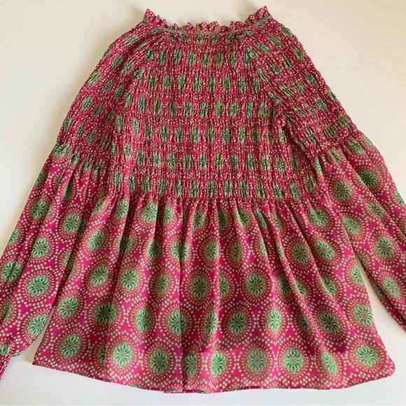 Rose + Olive Pink and Green Boho Smocked Long Sleeve Blouse Medium - Picture 7 of 9